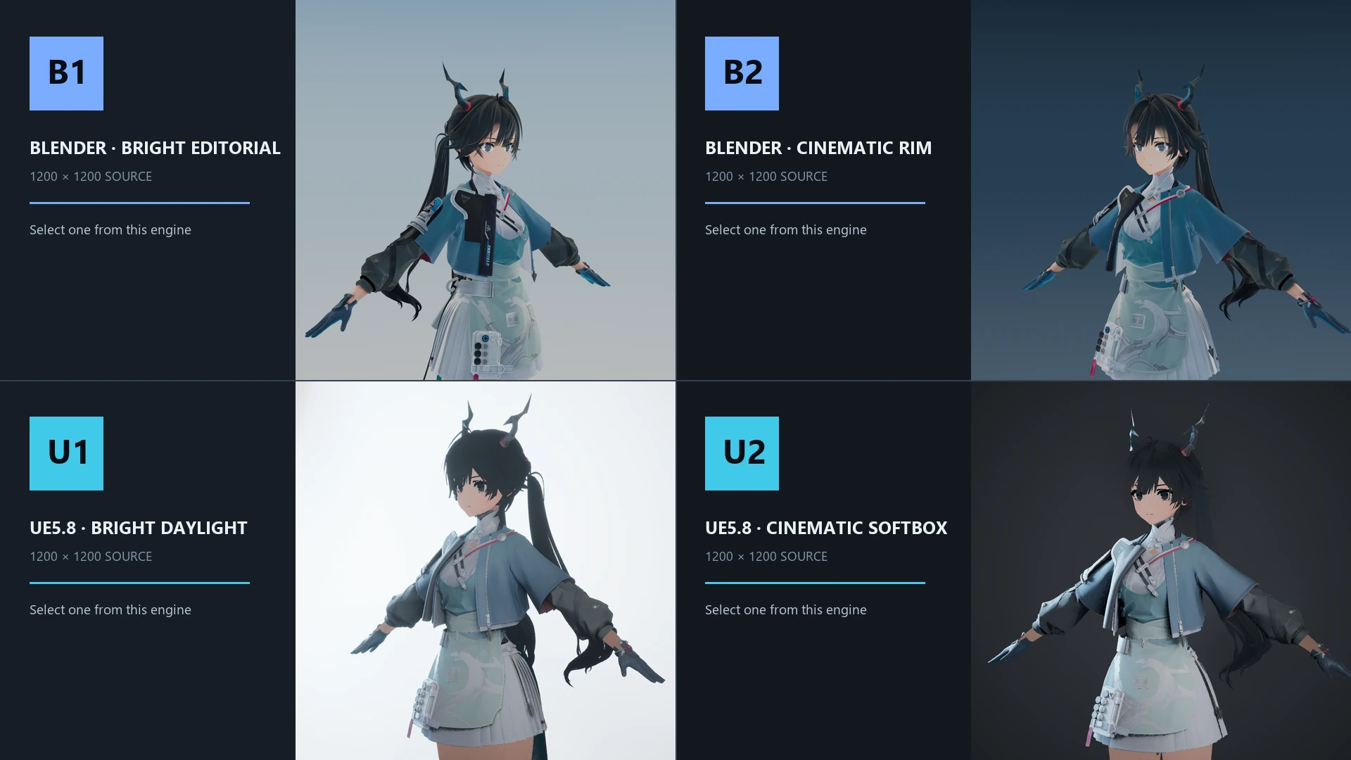 Four Blender and UE5 character lighting variants